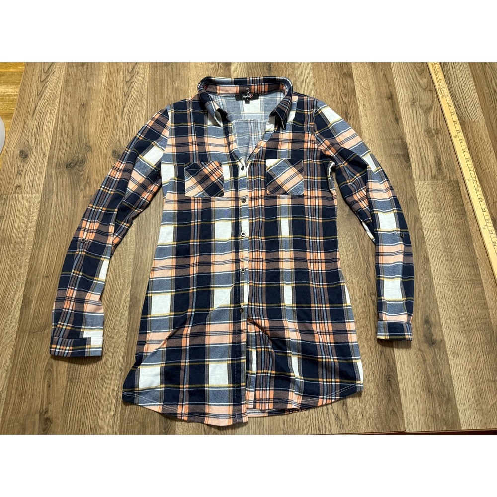 Impulsive Dress Women's Medium Blue Pink Plaid Long Sleeve Button Up